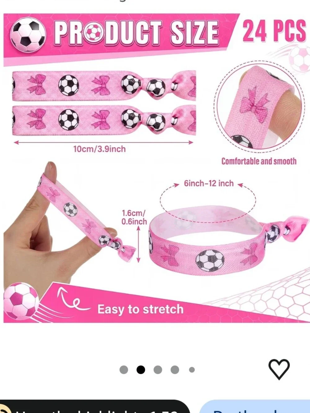 Soccer 24pcs Hair Ties Ponytail Holders Bracelet, Pink
